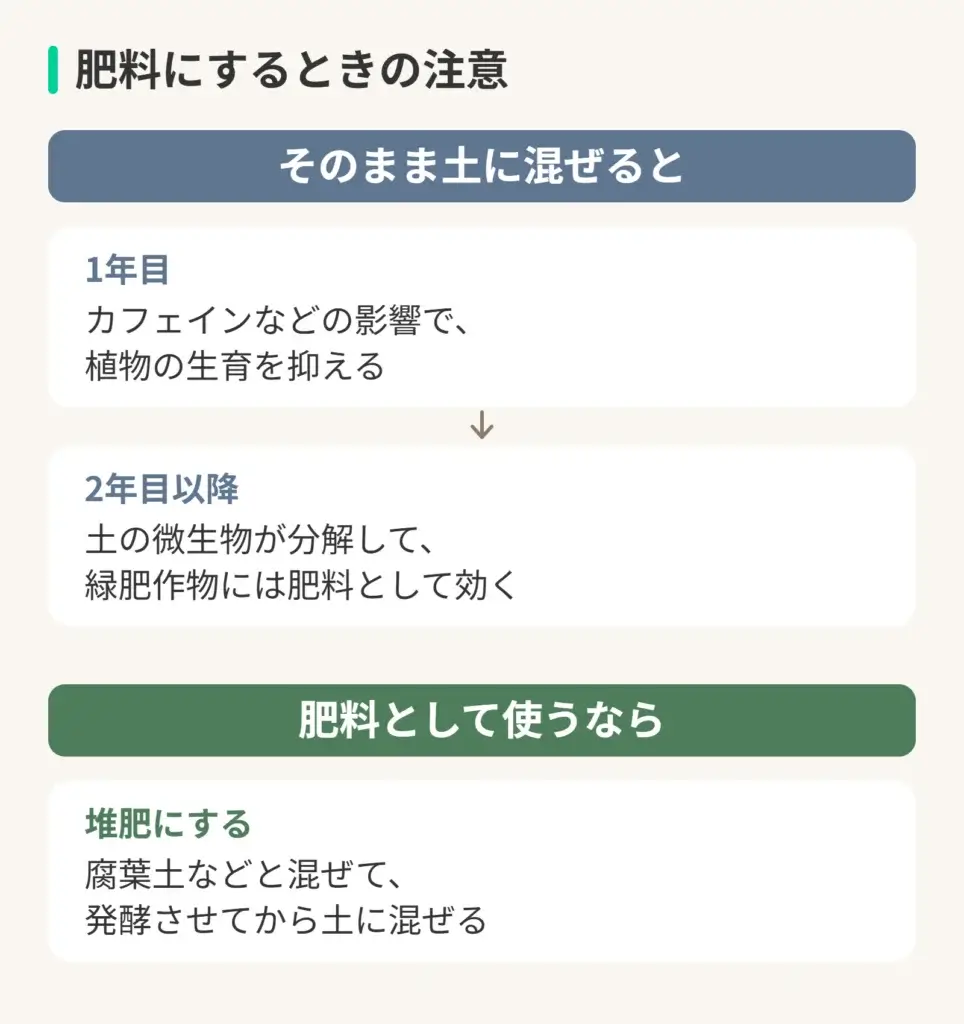 肥料にするときの注意の図。そのまま土に混ぜると、1年目はカフェインなどの影響で植物の生育を抑え、2年目以降は土の微生物が分解して、緑肥作物には肥料として効く。肥料として使うなら、腐葉土などと混ぜて、発酵させてから土に混ぜる（堆肥にする）