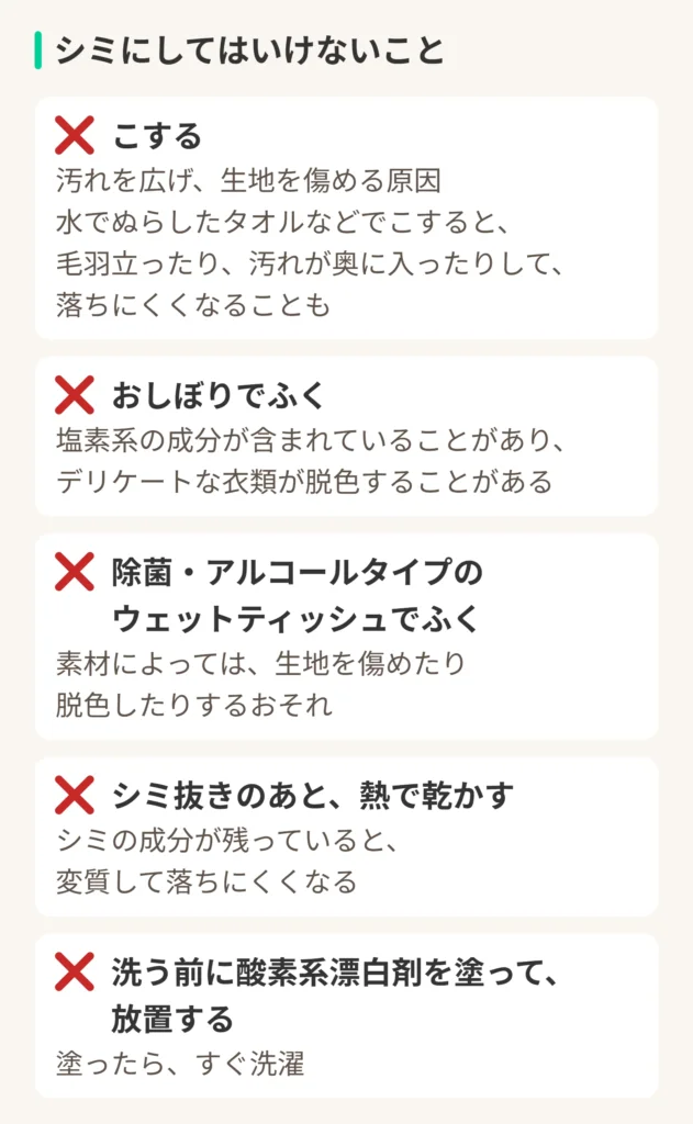 シミにしてはいけないこと。こする:汚れを広げ、生地を傷める原因。水でぬらしたタオルなどでこすると、毛羽立ったり、汚れが奥に入ったりして、落ちにくくなることも。おしぼりでふく:塩素系の成分が含まれていることがあり、デリケートな衣類が脱色することがある。除菌・アルコールタイプのウェットティッシュでふく:素材によっては、生地を傷めたり脱色したりするおそれ。シミ抜きのあと、熱で乾かす:シミの成分が残っていると、変質して落ちにくくなる。洗う前に酸素系漂白剤を塗って、放置する:塗ったら、すぐ洗濯。
